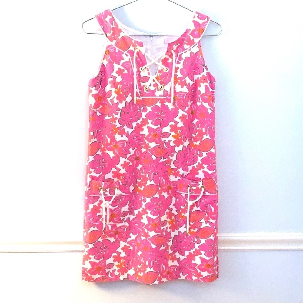 LILLY PULITZER Sleeveless Floral Knot Rope Shift Dress, pink and white